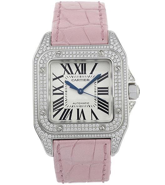 The luxury copy Cartier Santos WM501751 watches are made up from 18k white gold and diamonds.