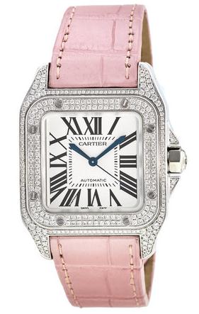 The female fake Cartier Santos WM501751 watches have pink leather straps.