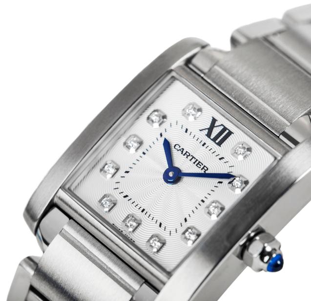 The silver-plated dials fake Cartier Tank Française WE110006 watches have diamond hour marks.