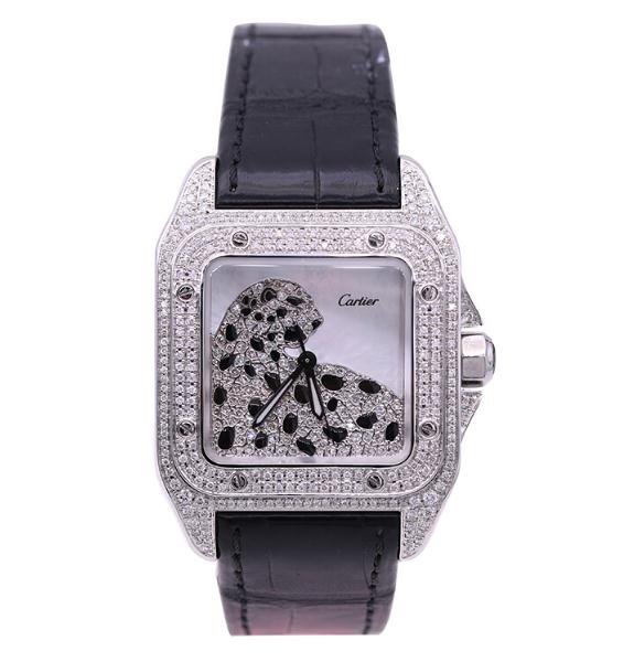 The luxury copy Santos De Cartier watches are decorated with diamonds.