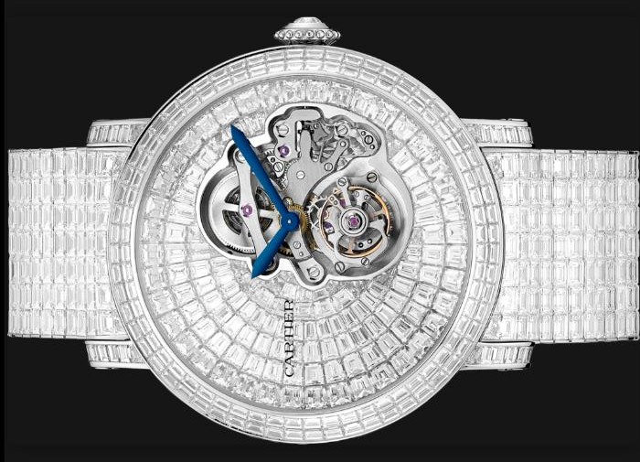 The male copy Rotonde De Cartier HPI00942 watches are paved with diamonds.