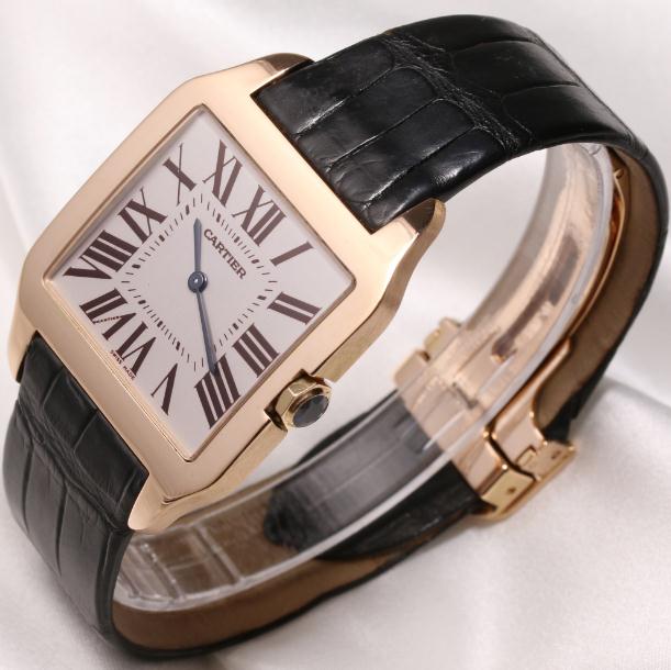 The 18k rose gold fake watches have black leather straps.